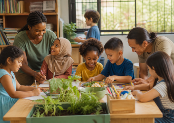Children and adults gather around a table for an art and gardening activity in a classroom