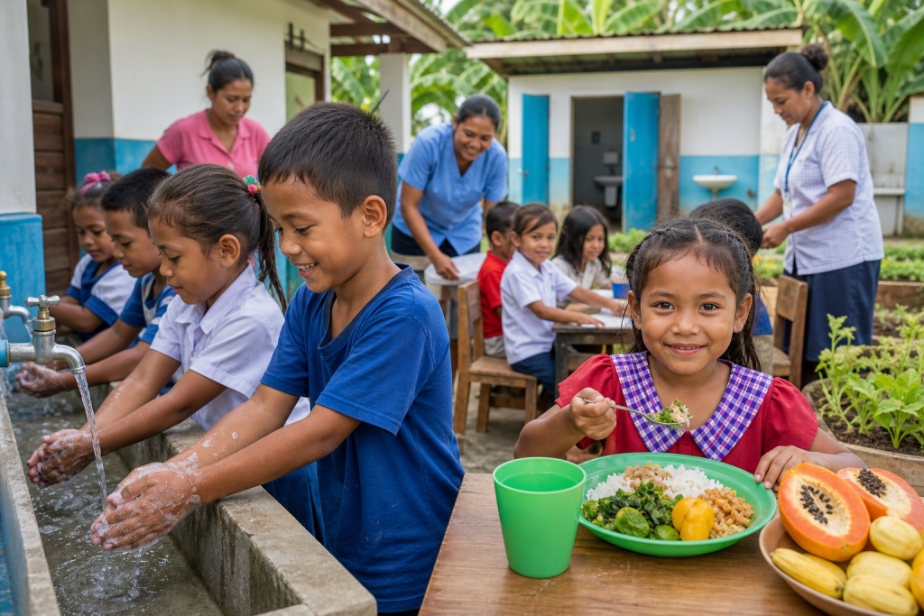 Children wash their hands at an outdoor station while others eat a meal of rice, vegetables, and fruit