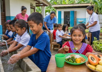 Children wash their hands at an outdoor station while others eat a meal of rice, vegetables, and fruit