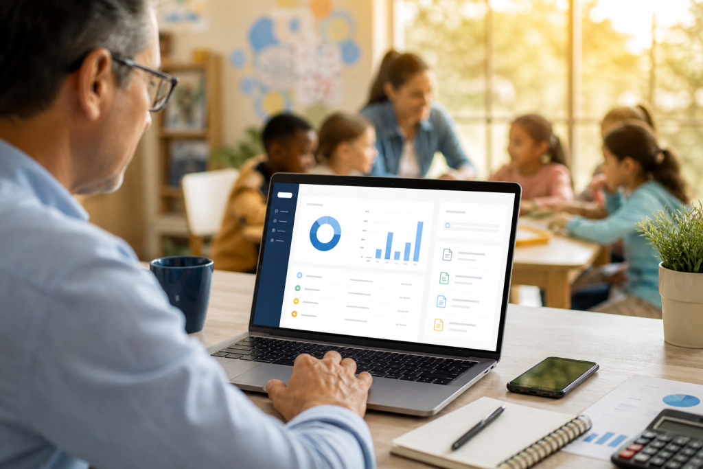 Create a warm, trustworthy editorial-style image of a donor reviewing charitable contribution records on a laptop, with a clean generic dashboard showing abstract charts, donation history lines, receipt icons, and organized account sections without any readable text, logos, or branding. Place the laptop on a bright desk alongside a smartphone, notebook, and subtle financial record-keeping details, with a softly blurred background suggesting diverse children and a caring community setting. Convey transparency, organization, secure digital giving, and informed support for children through natural light, calm blue and warm golden tones, realistic photography, polished nonprofit editorial aesthetic, high detail, landscape composition.