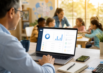 Create a warm, trustworthy editorial-style image of a donor reviewing charitable contribution records on a laptop, with a clean generic dashboard showing abstract charts, donation history lines, receipt icons, and organized account sections without any readable text, logos, or branding. Place the laptop on a bright desk alongside a smartphone, notebook, and subtle financial record-keeping details, with a softly blurred background suggesting diverse children and a caring community setting. Convey transparency, organization, secure digital giving, and informed support for children through natural light, calm blue and warm golden tones, realistic photography, polished nonprofit editorial aesthetic, high detail, landscape composition.