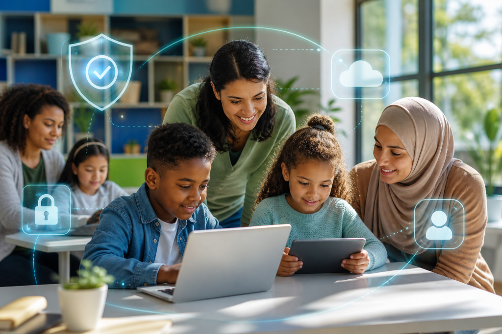 Family using a laptop and tablet with digital security, cloud, and user account icons