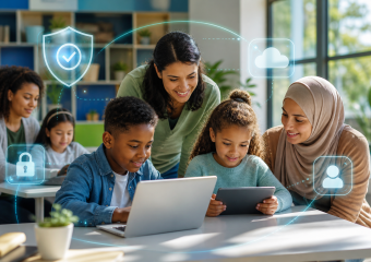Family using a laptop and tablet with digital security, cloud, and user account icons