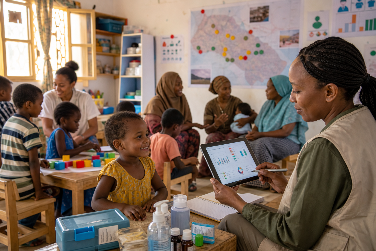 Healthcare worker reviews health data on a tablet with a child in a community clinic
