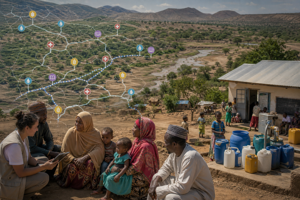 Rural community beside a water point, overlaid with a network map linking water, health, education, and agriculture resources