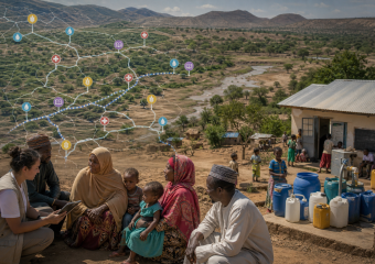 Rural community beside a water point, overlaid with a network map linking water, health, education, and agriculture resources