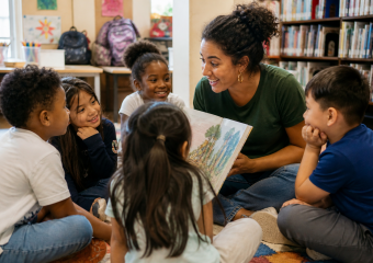 Teacher reads a picture book to four children seated in a classroom library