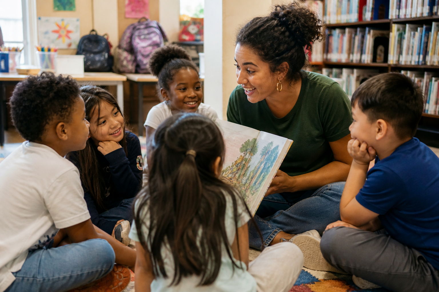 Teacher reads a picture book to four children seated in a classroom library